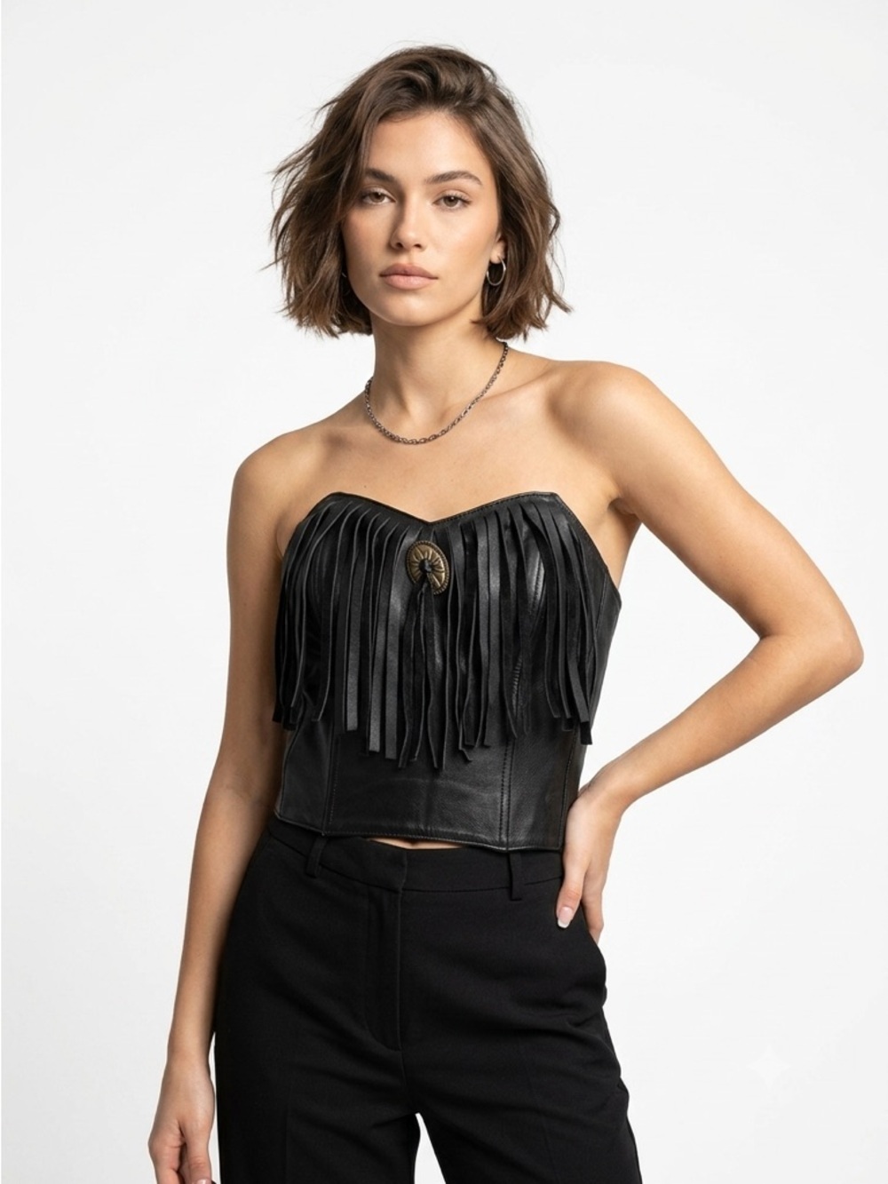 Harley-Davidson Bustier Crop Top Vintage Concho Fringe Leather Black S